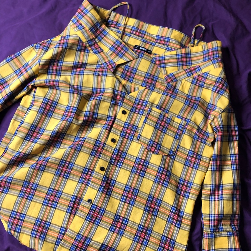 Cold shoulder Button Up Checkered Blouse.